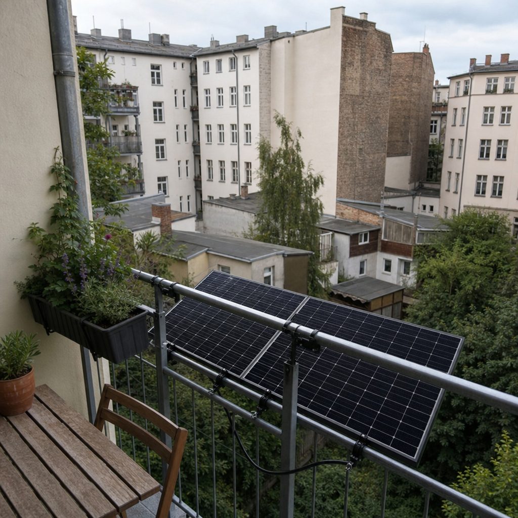 Balkonkraftwerk an einem Berliner Balkon mit Blick auf Hinterhöfe