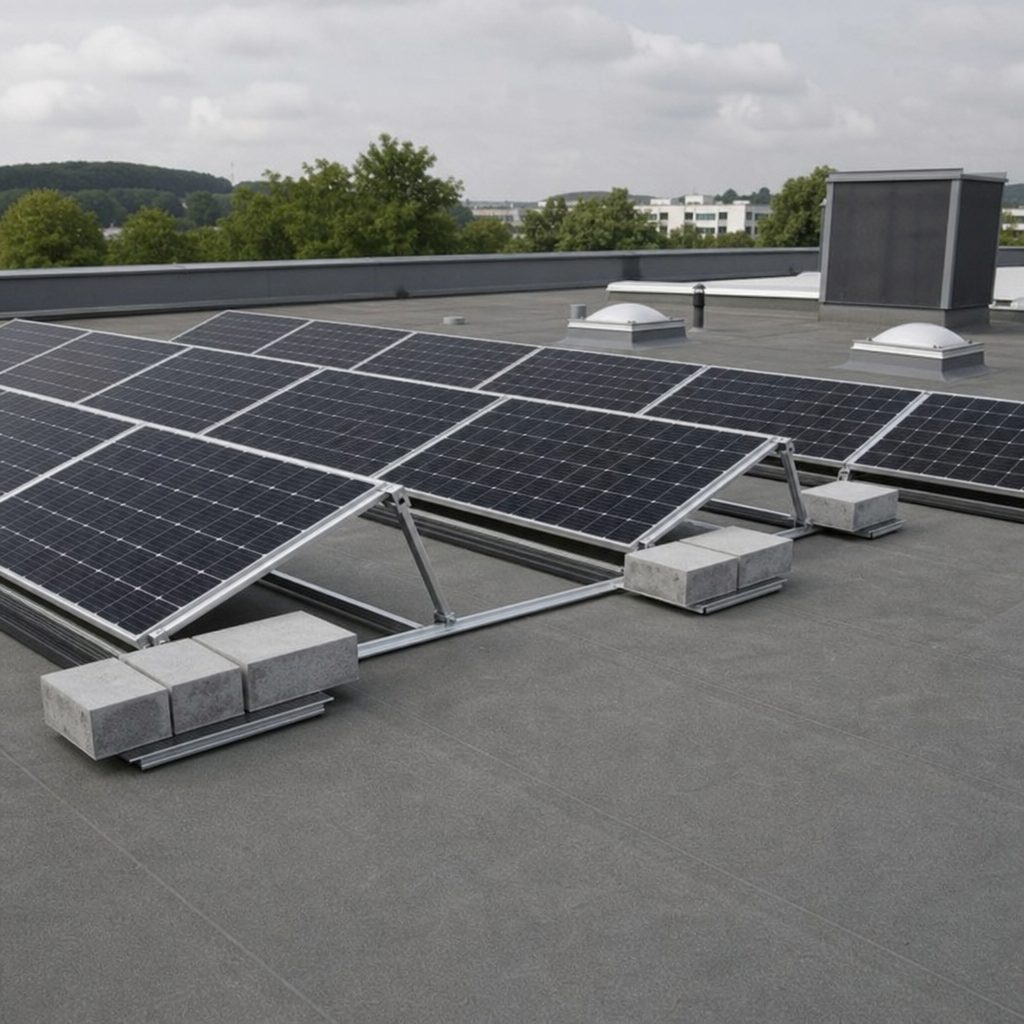 Flachdach-Photovoltaik mit Aufständerung und sicherer Ballastierung