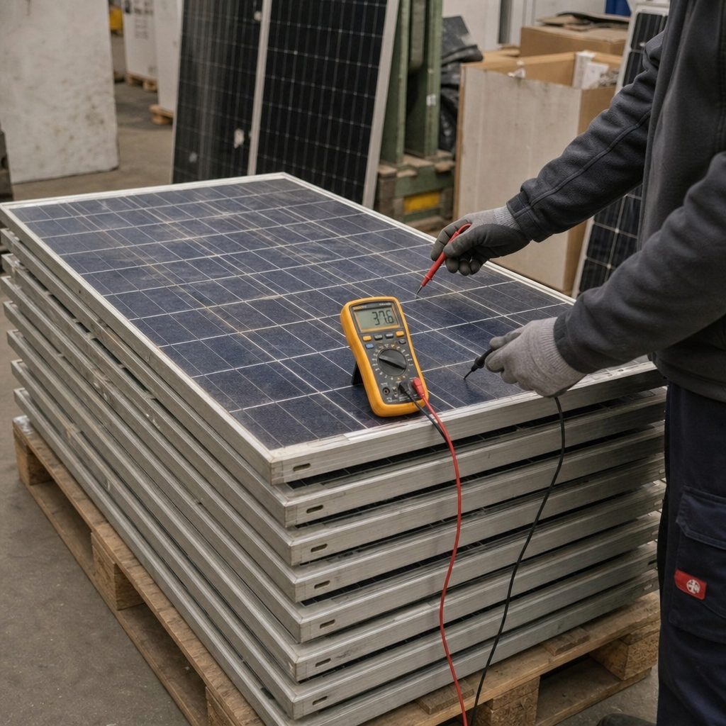 Gebrauchte Solarmodule auf einer Palette werden mit dem Messgerät geprüft