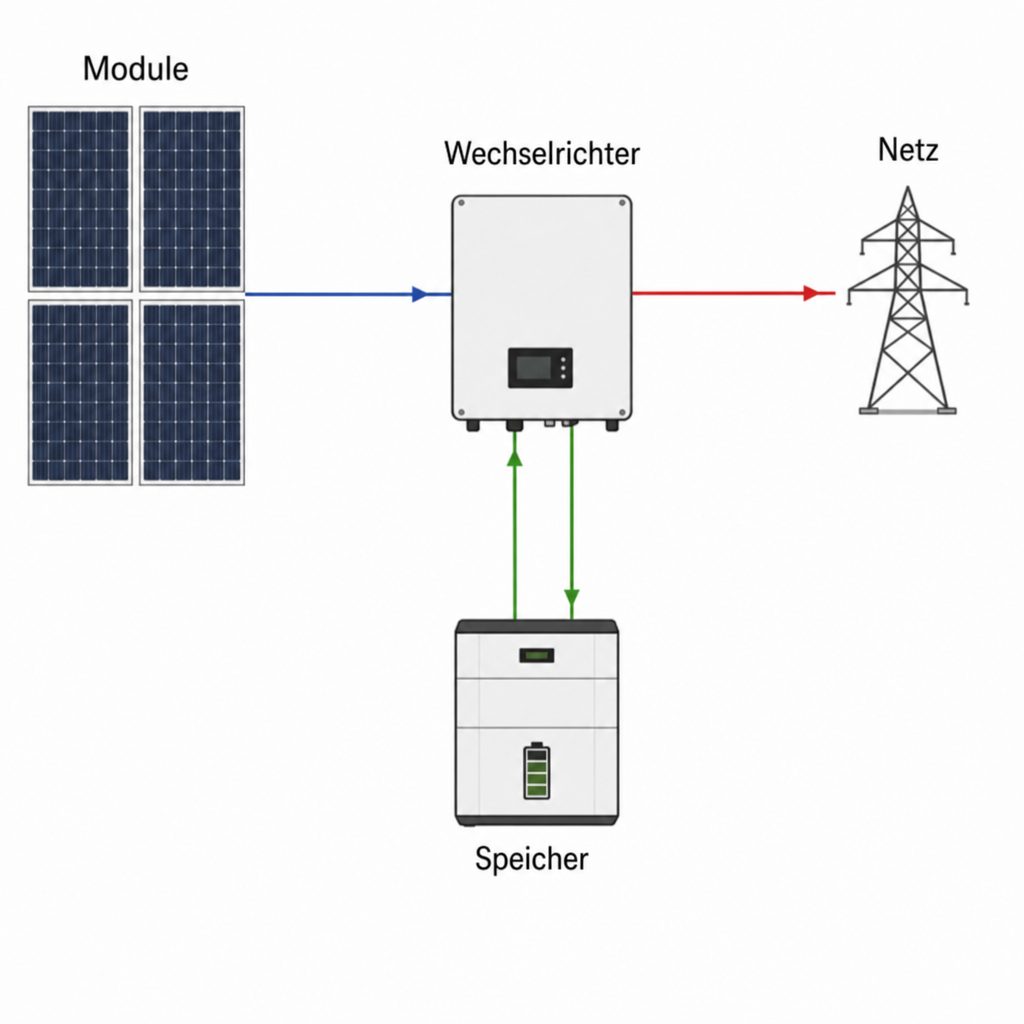 Schema einer PV-Anlage: Module, Wechselrichter, Speicher und Netz