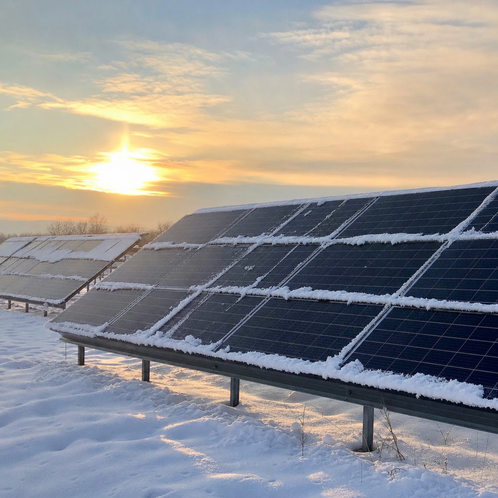Schneebedeckte PV-Module mit Wintersonne in München