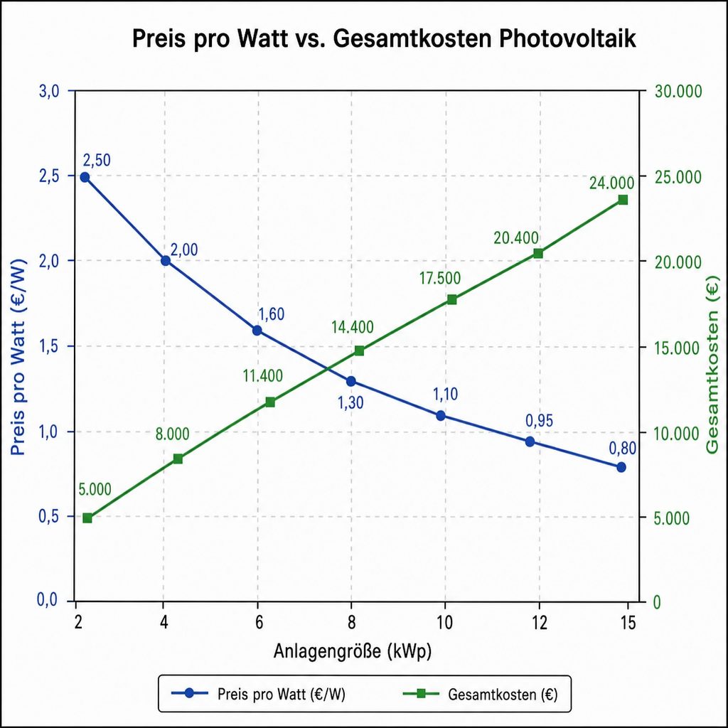 Grafik: Preis pro Watt im Vergleich zu den Gesamtkosten einer Photovoltaikanlage