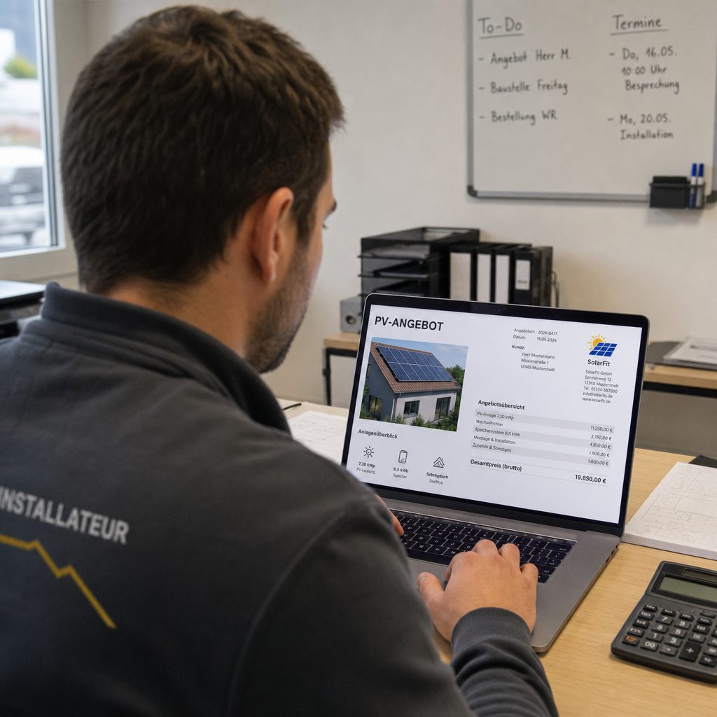 Installateur erstellt am Laptop ein Photovoltaik-Angebot