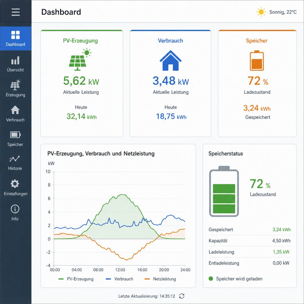 Dashboard mit PV-Erzeugung, Verbrauch und Speicherstatus