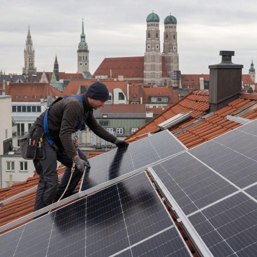 Installateur montiert PV-Module auf einem Münchner Hausdach