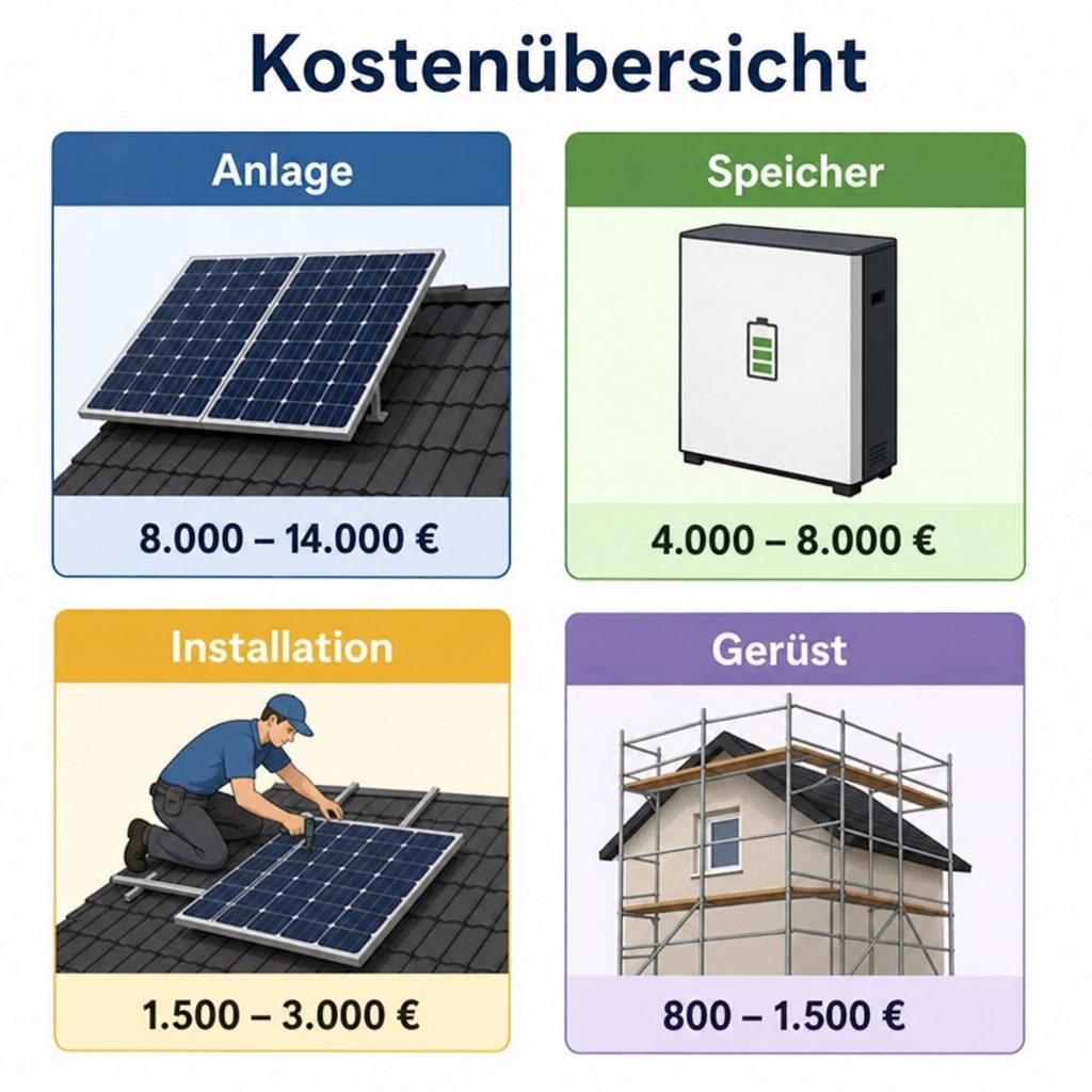 Kostenübersicht als Grafik: Anlage, Speicher, Installation, Gerüst