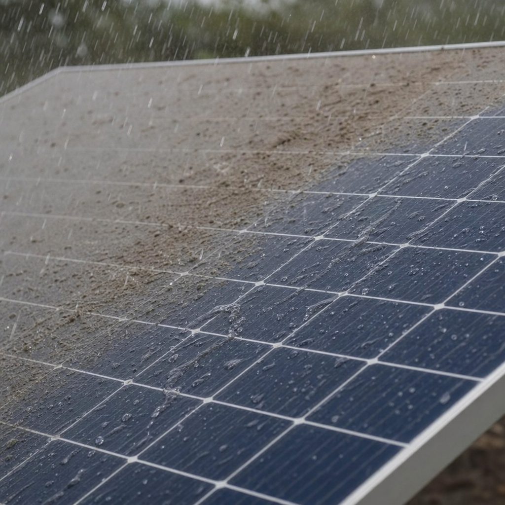 Nahaufnahme: Regen wäscht Staub von Solarmodulen