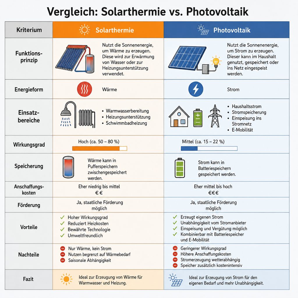 Grafik: Vergleich von Solarthermie und Photovoltaik