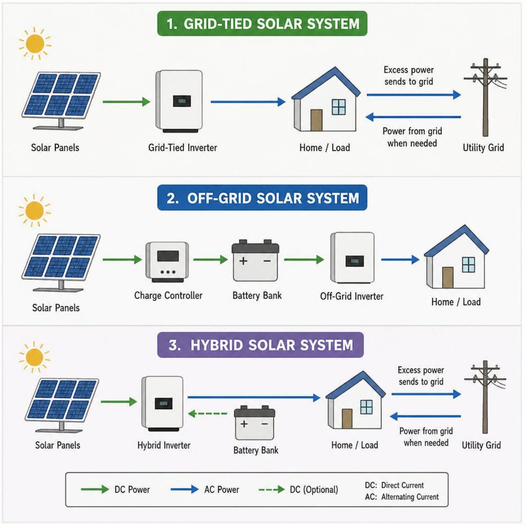 Diagram showing grid-tied, off-grid and hybrid solar energy flow