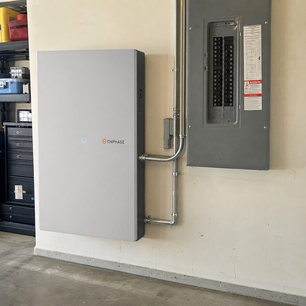 A home battery installed next to an electrical panel