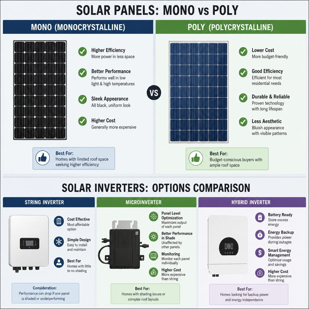 Side-by-side comparison of monocrystalline and polycrystalline panels and inverter options