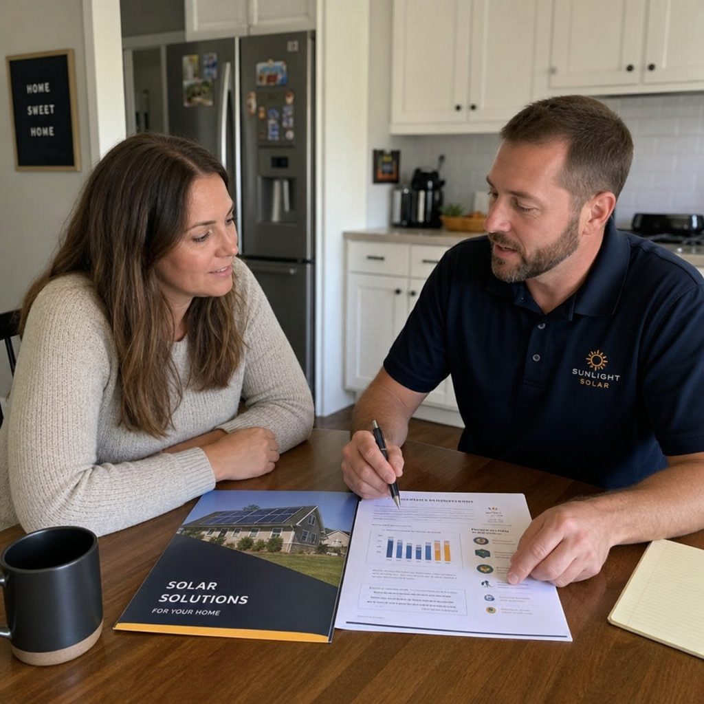 A homeowner meeting a solar consultant to compare quotes