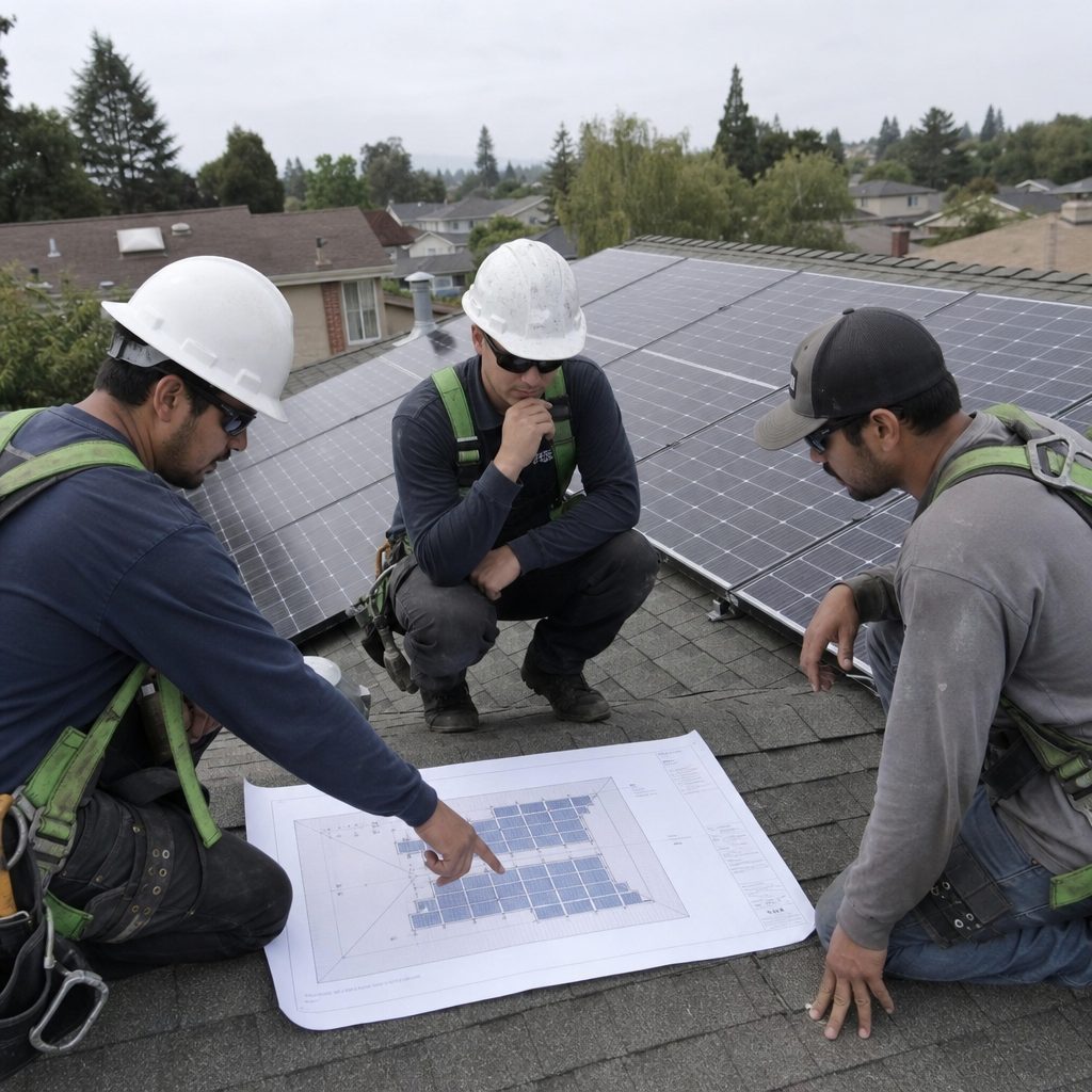 A professional installer team reviewing a solar layout plan on a roof