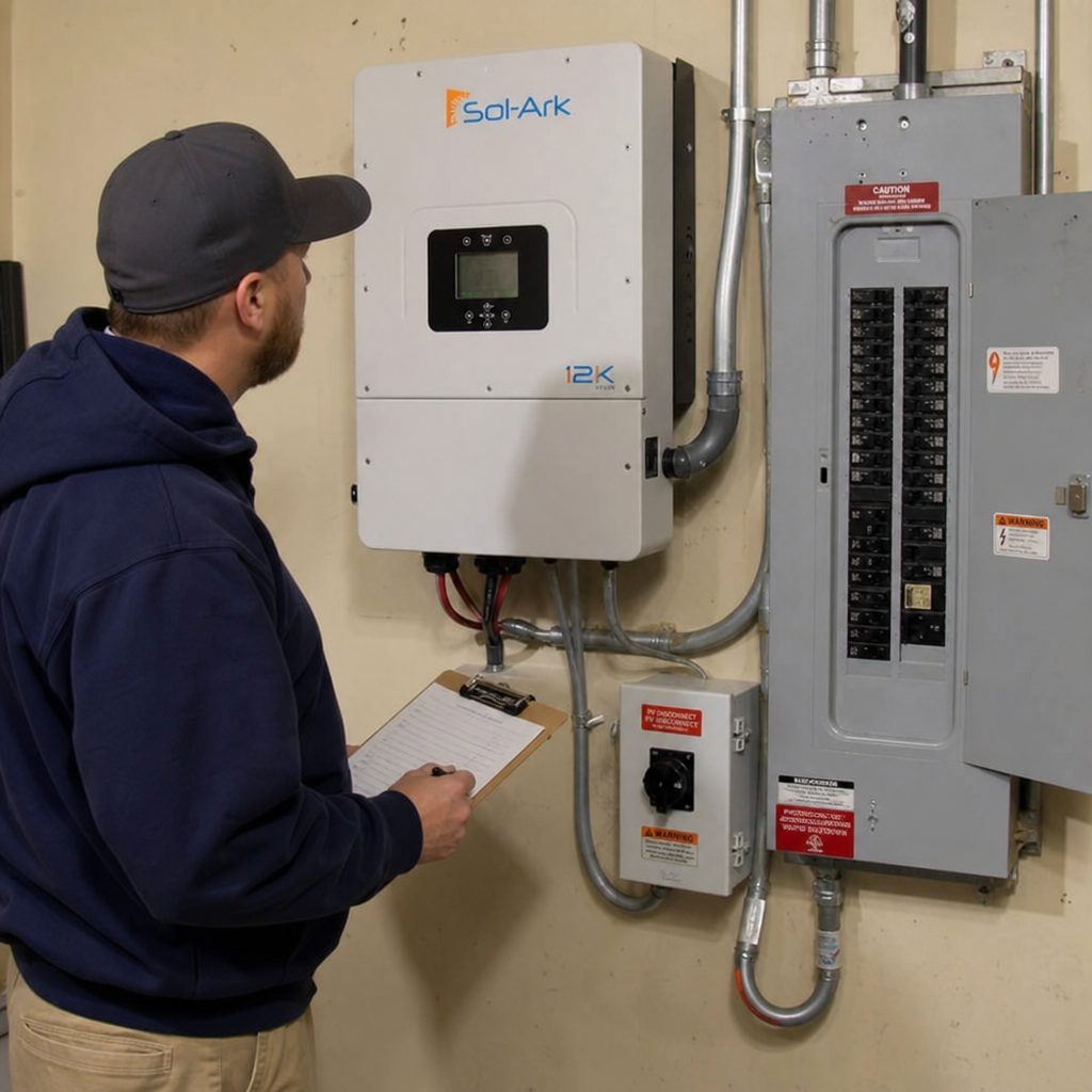 An installer inspecting inverter equipment mounted near an electrical panel
