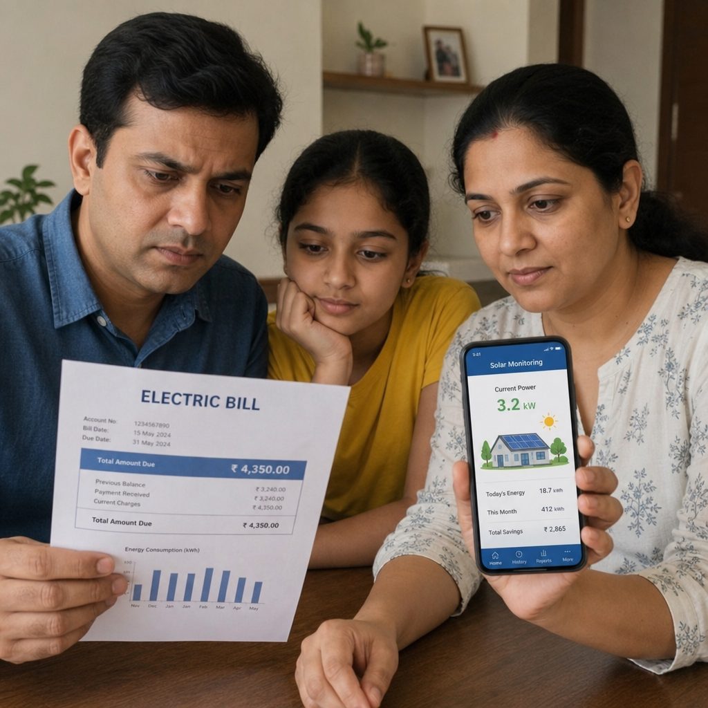 A family reviewing an electricity bill next to a solar monitoring app