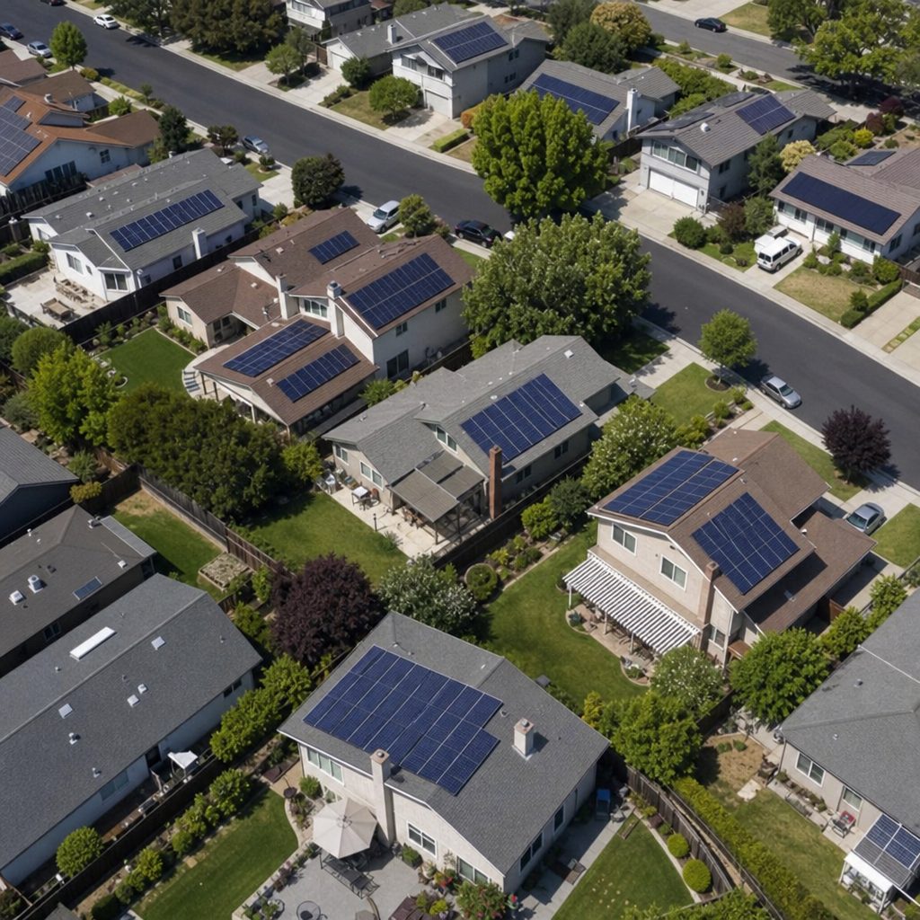 Aerial view of a European neighbourhood with multiple solar roofs