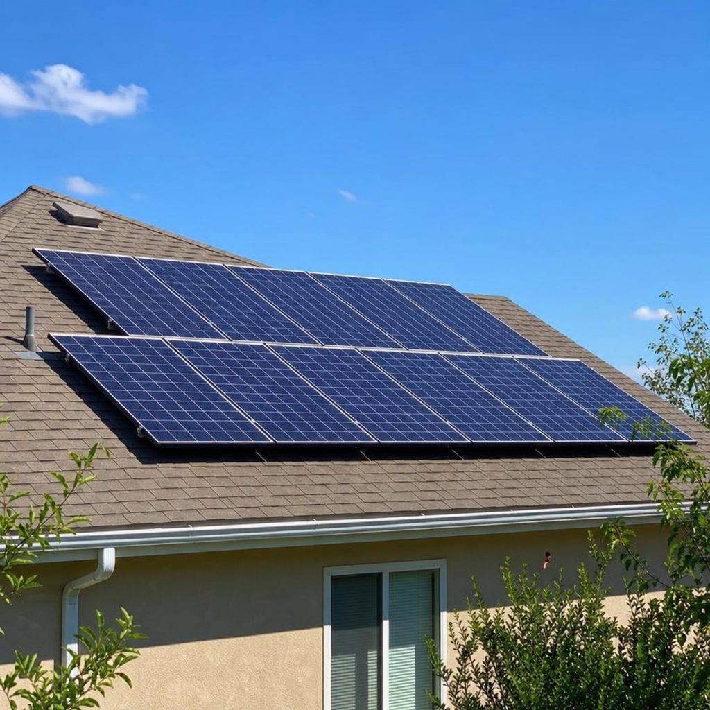 Residential rooftop solar panels on a sunny day
