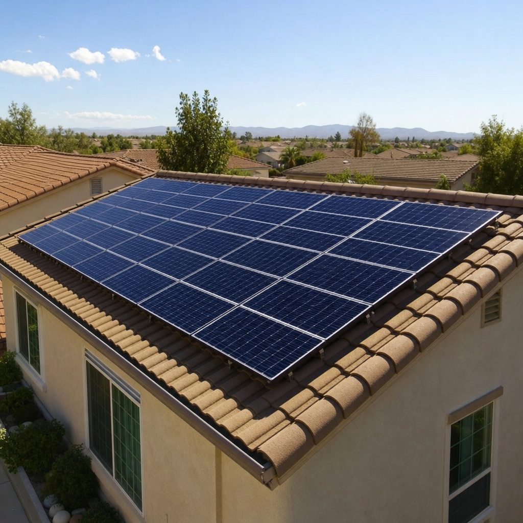 Sunlit rooftop with modern solar panels on a suburban home