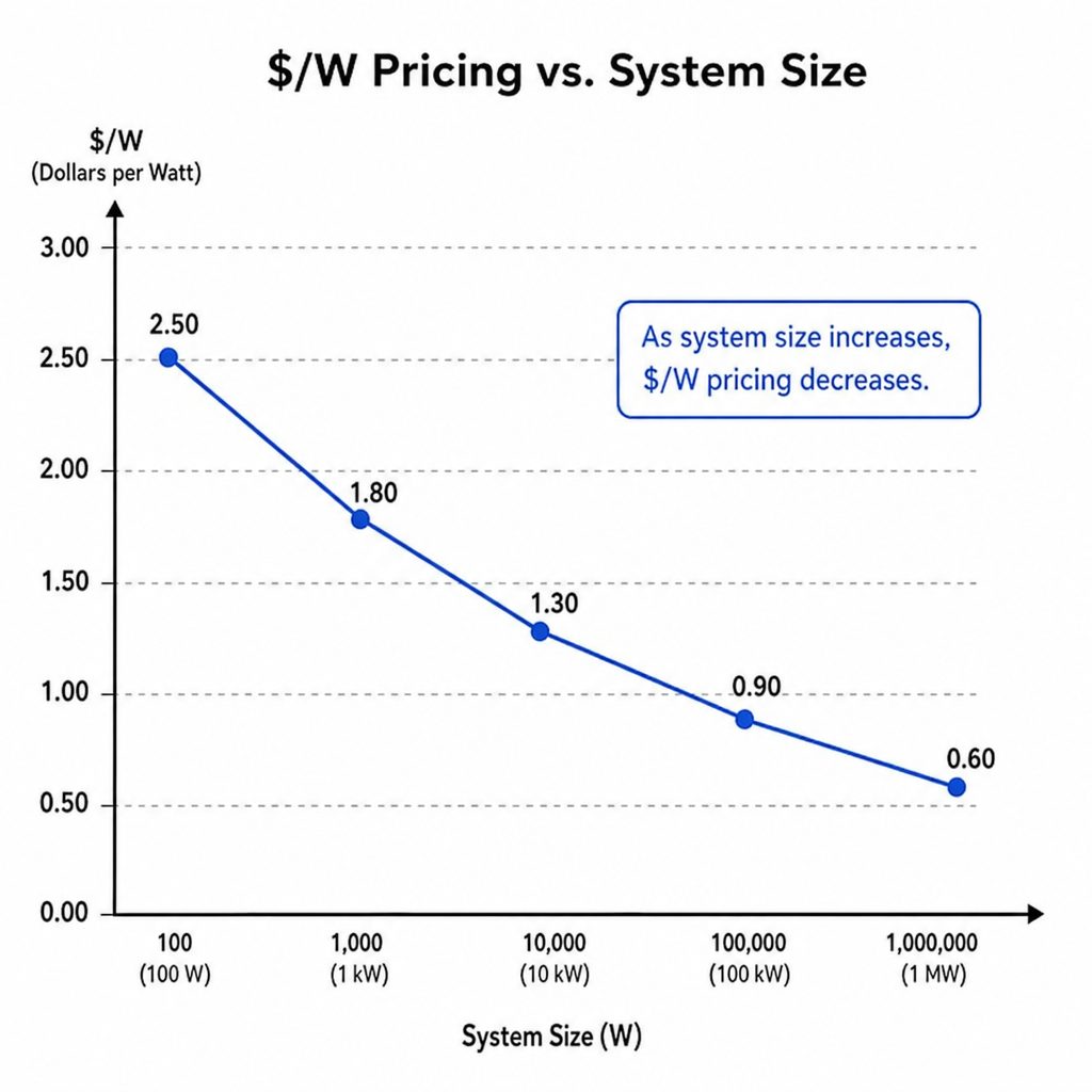 Diagram illustrating the price-per-watt metric and system size