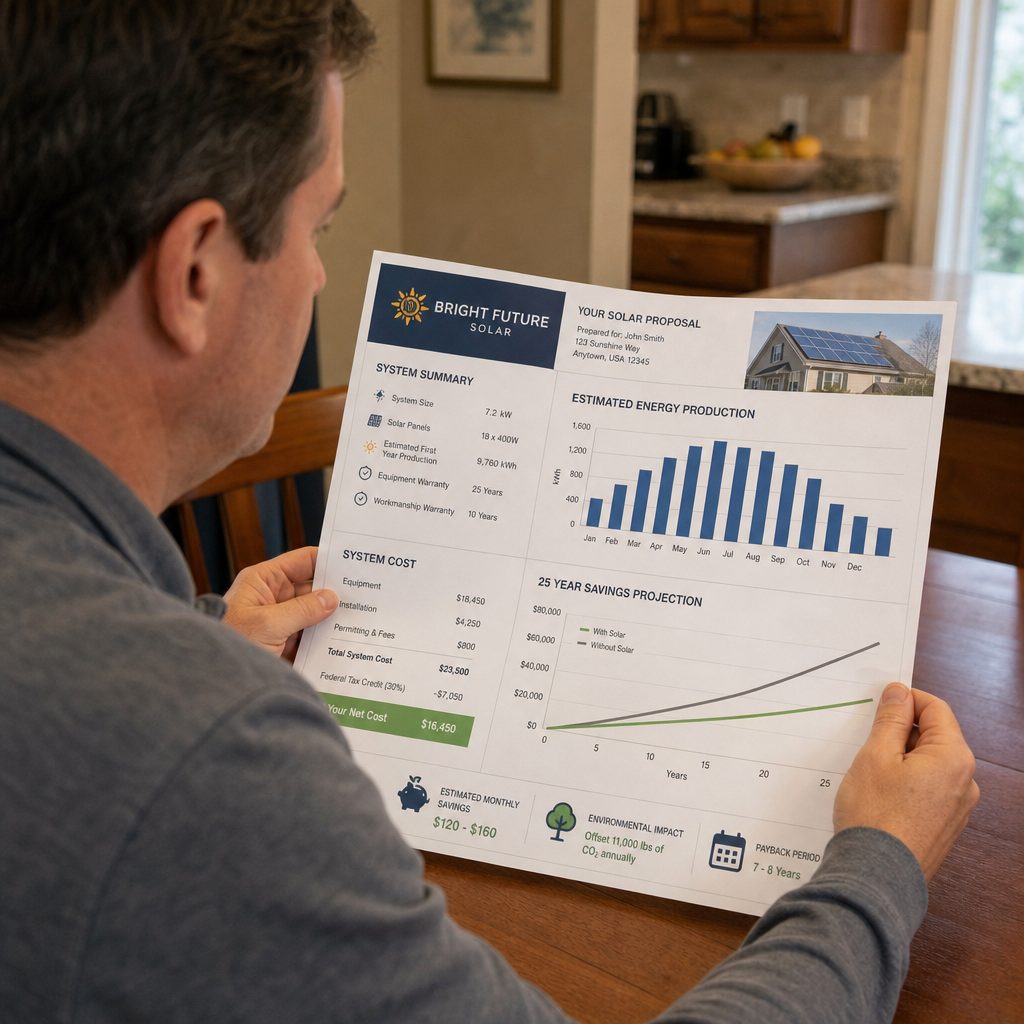 A homeowner reviewing a solar proposal with cost and production charts