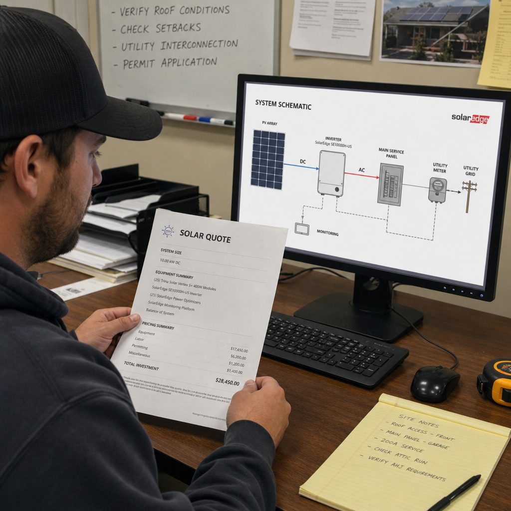 An installer reviewing a solar quote and system schematic