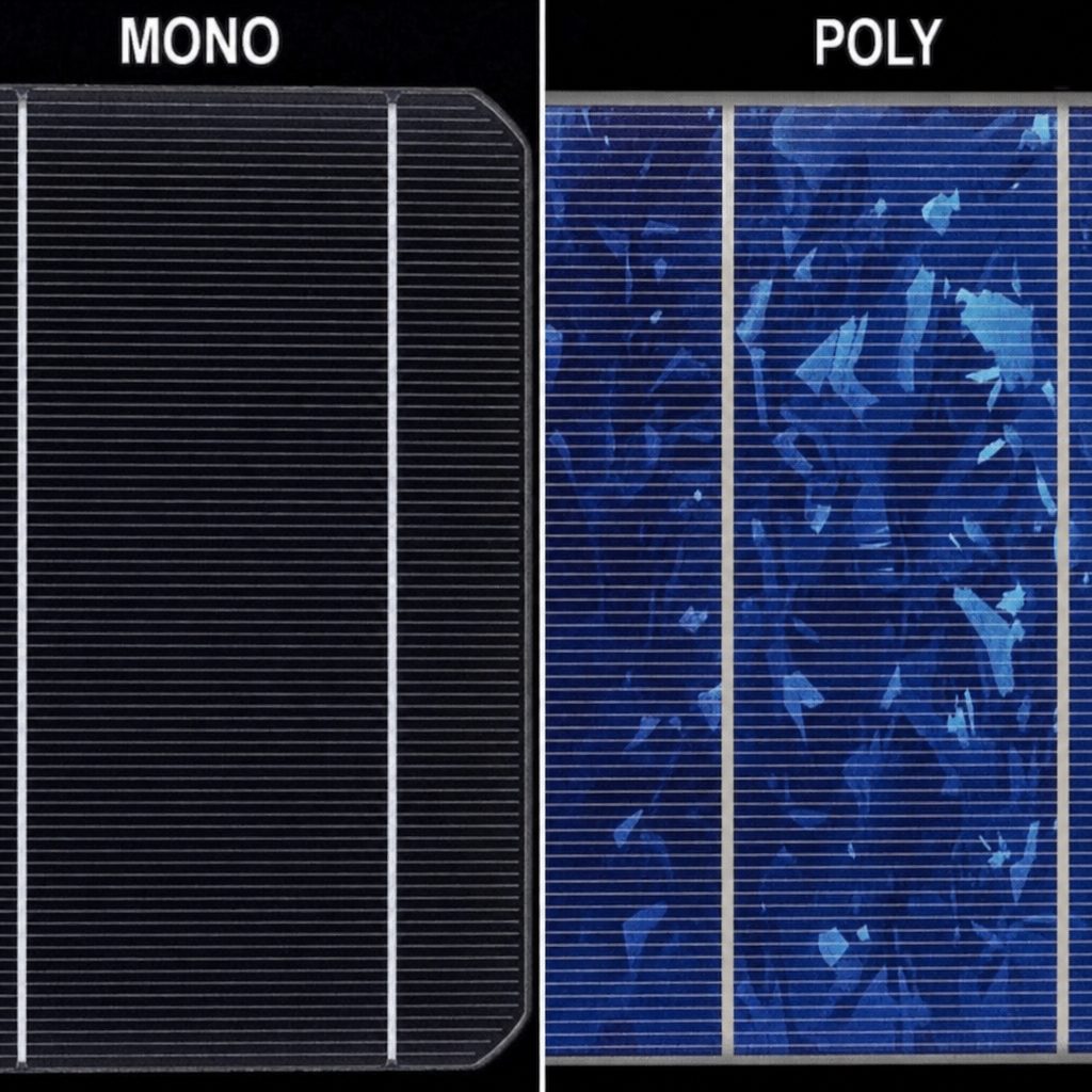 Close-up comparison of monocrystalline and polycrystalline cell texture