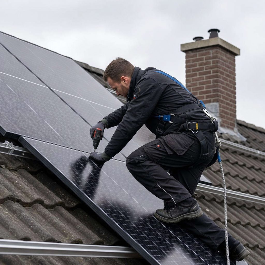 Professionele solar installateur plaatst zonnepanelen op een schuin dak