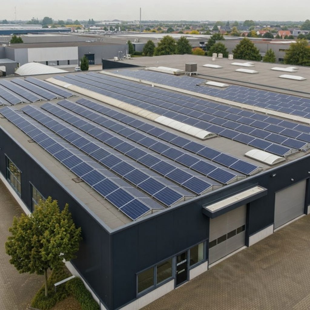 Zakelijk dak met rijen zonnepanelen op een bedrijfspand