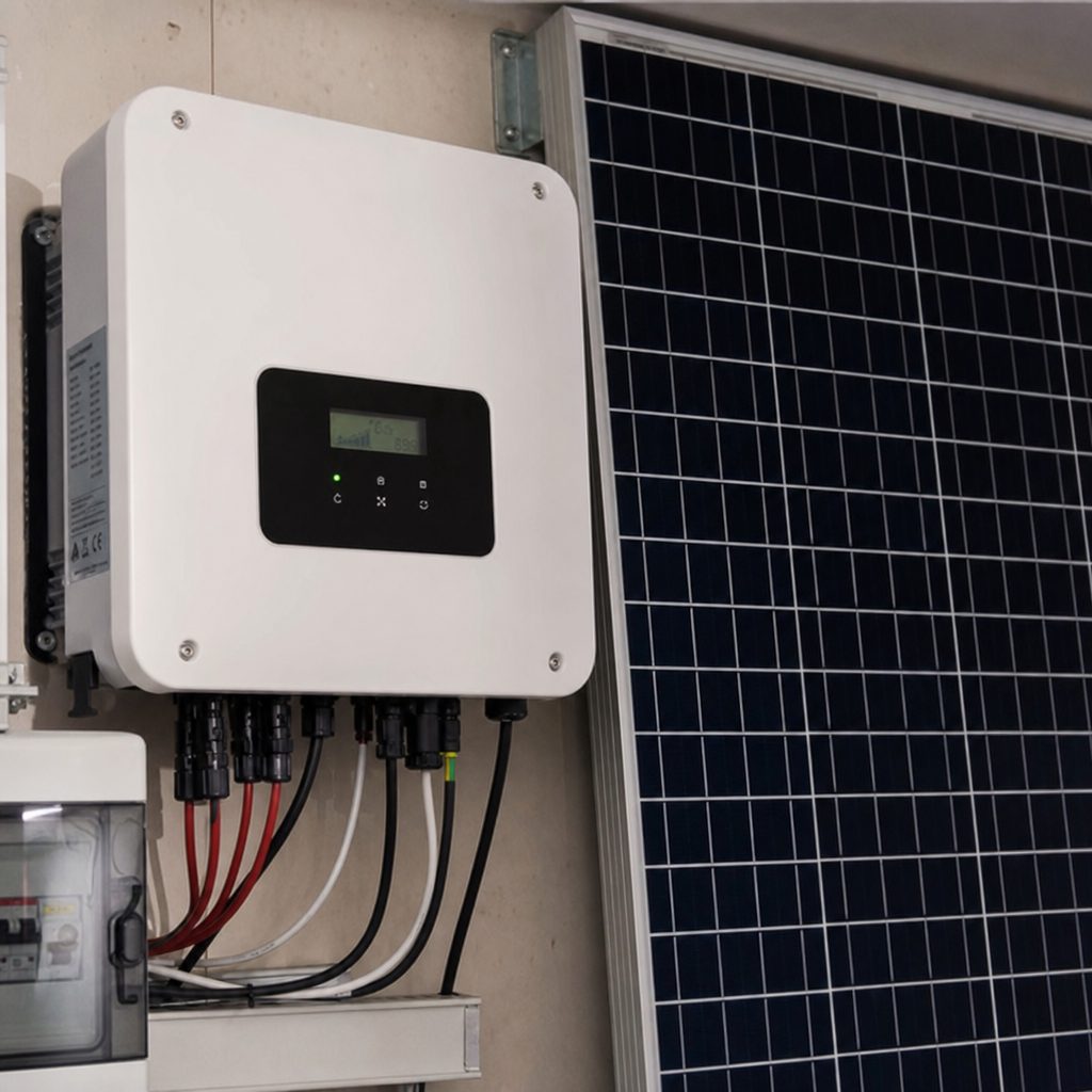 Close-up van zonnepanelen en omvormer in een technische ruimte
